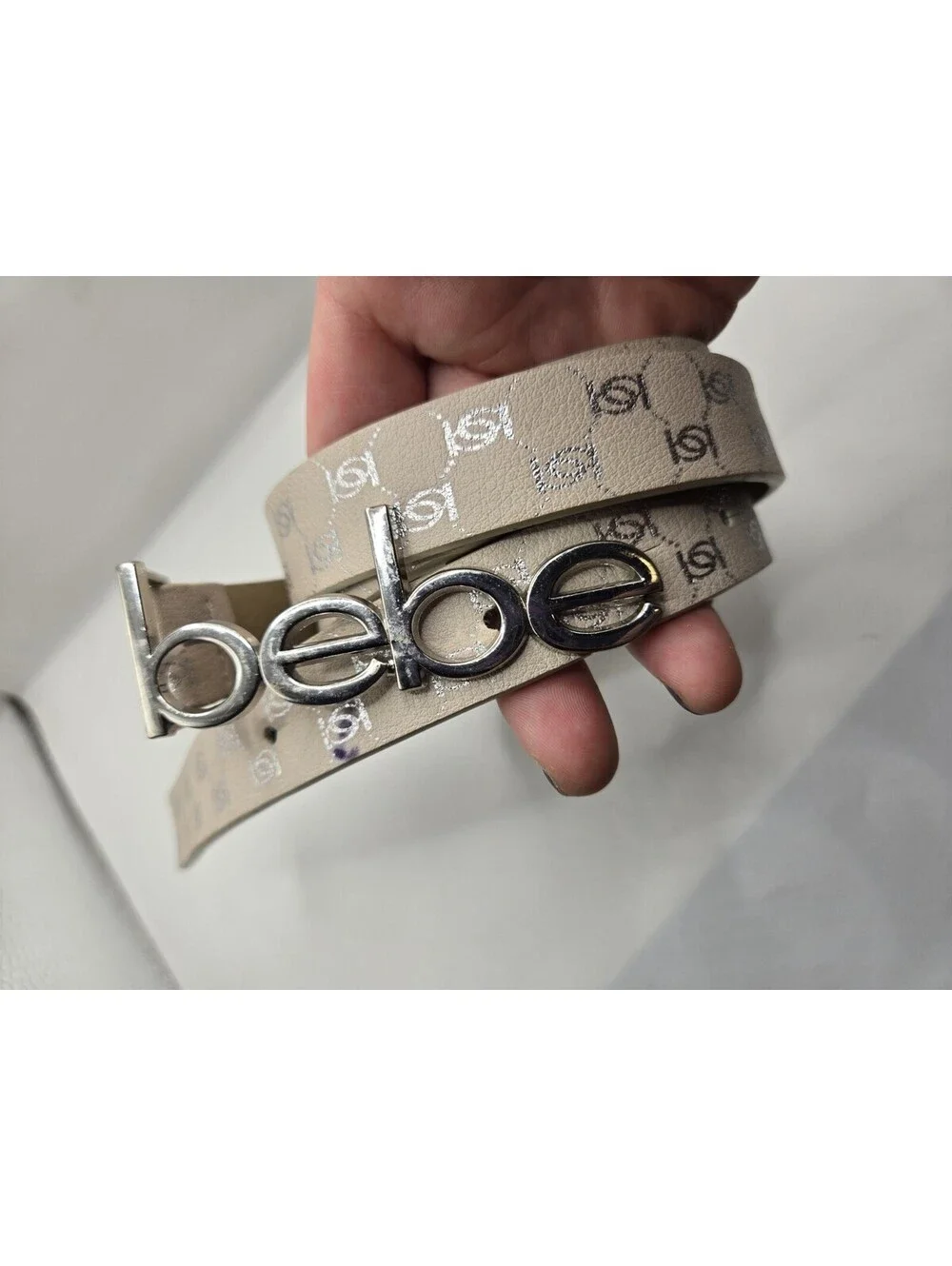 VTG Y2K Bebe Monogram Logo Belt Beige Tan Sand Silver Script Word Buckle Sz L